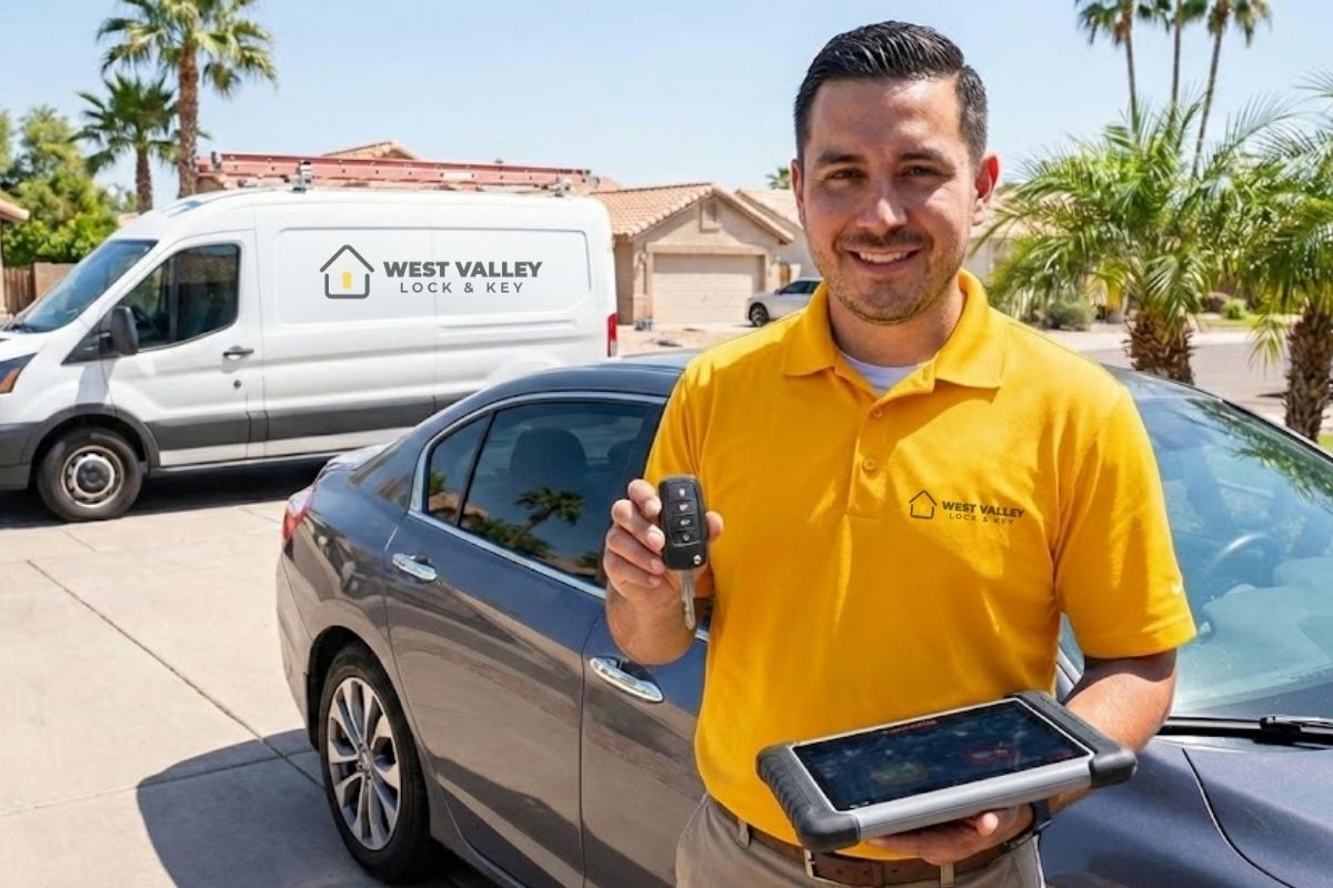Professional locksmith cutting car key, technician programming key fob, mobile locksmith van in West Valley AZ, car key replacement tools
