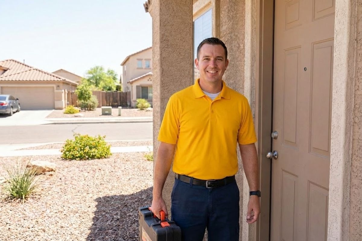 Locksmith standing at a home’s front door holding a tool case, smiling in a desert neighborhood setting.