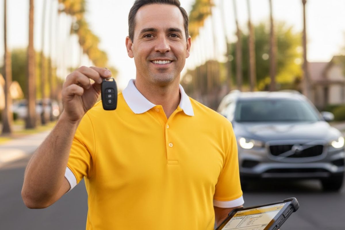 An automotive locksmith holding a replacement key fob after programming it for a vehicle on a residential street.