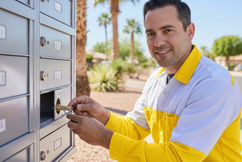 Professional locksmith performing a mailbox lock replacement on a residential cluster unit in Phoenix, Arizona.