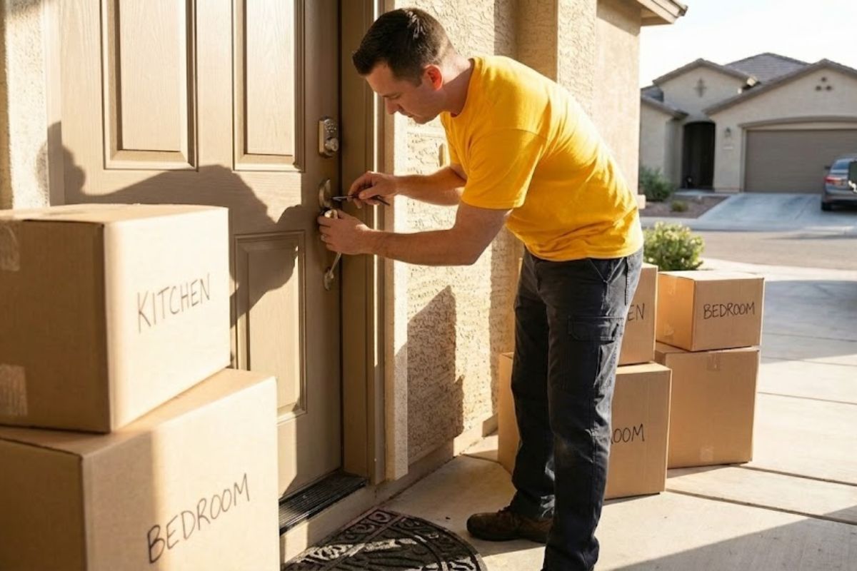 Locksmith rekeys a front door lock while moving boxes labeled “Kitchen” and “Bedroom” sit on the porch in a suburban neighborhood.