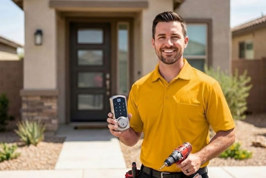 Technician installing smart lock in Glendale AZ, homeowner using smartphone to unlock door, keypad deadbolt close up, smart lock vs traditional lock comparison, West Valley Lock & Key van.