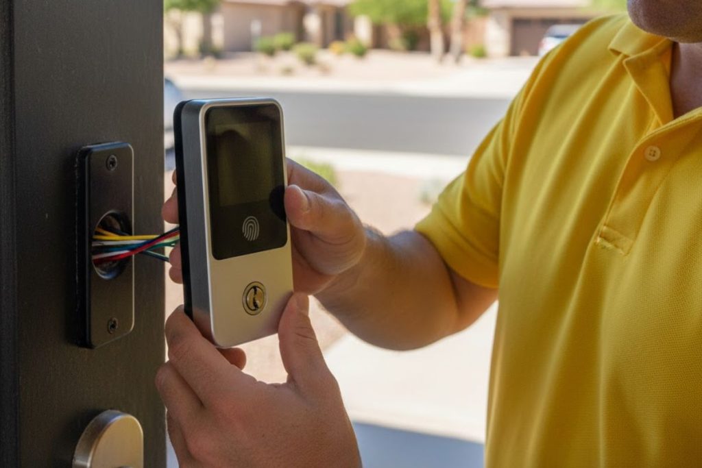A locksmith installing a keypad door lock on a residential front door to provide secure keyless entry for a home.